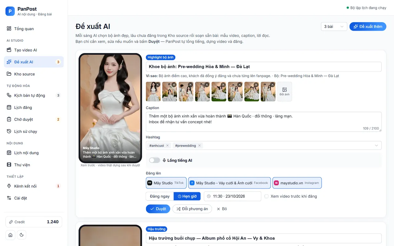 Màn Đề xuất AI của PanPost: bài đăng soạn sẵn từ bộ ảnh, caption, hashtag, lồng tiếng và kênh đăng